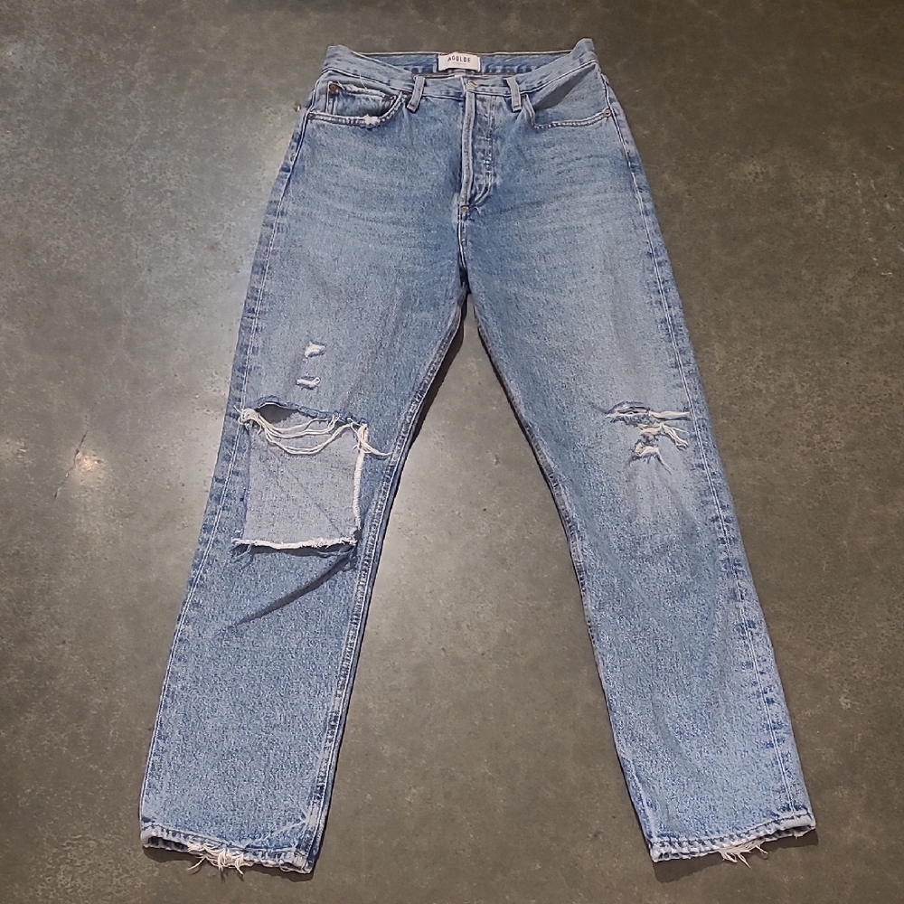 AGOLDE 90s MID RISE DISTRESSED JEANS KNEE RIPS